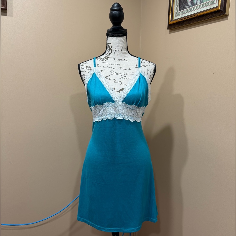 Ekouaer Teal Lace Trim Chemise Nightgown Slip Dress Size M